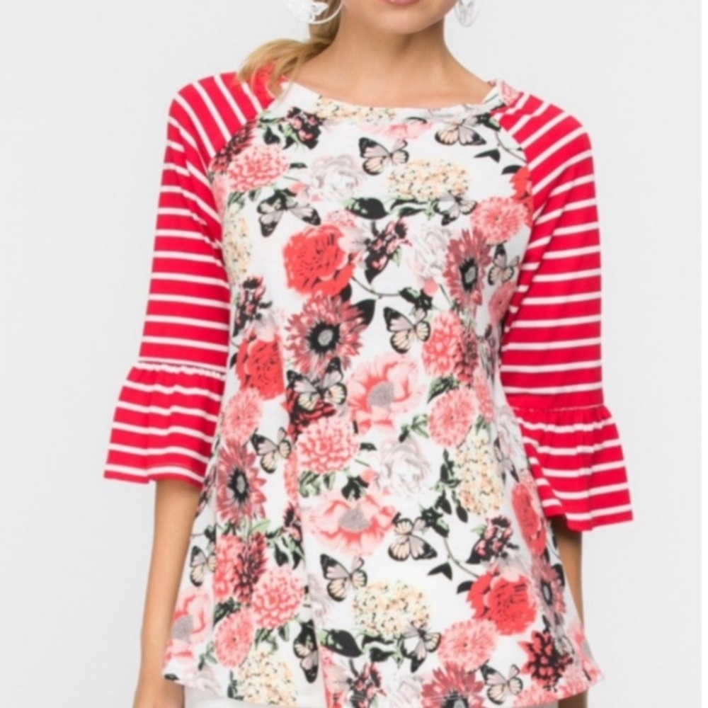 Floral and Striped With Butterflies Women's Top